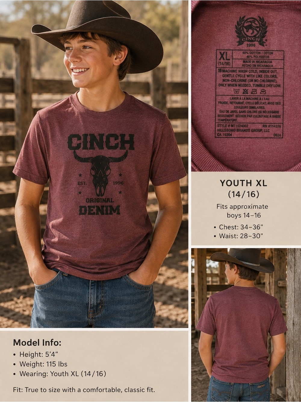 Cinch Youth XL Original Denim Skull Graphic Tee Burgundy Western Shirt